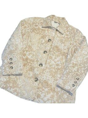 Chico's Tan and Cream Quilted Floral Button Front Pockets Jacket Size 12